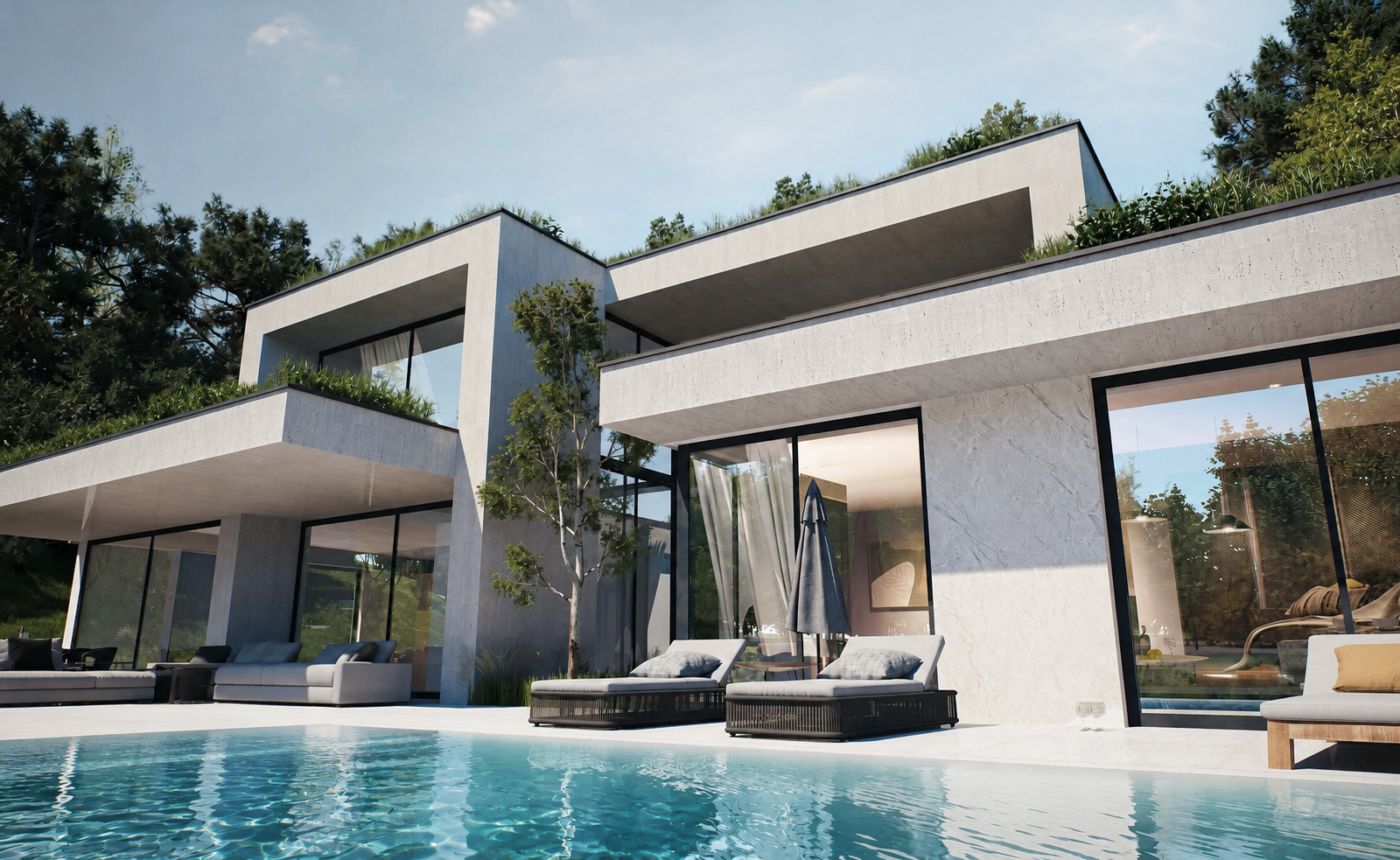 Villa G by Kulla Studio, concrete terraces and full-height glazing beside the swimming pool